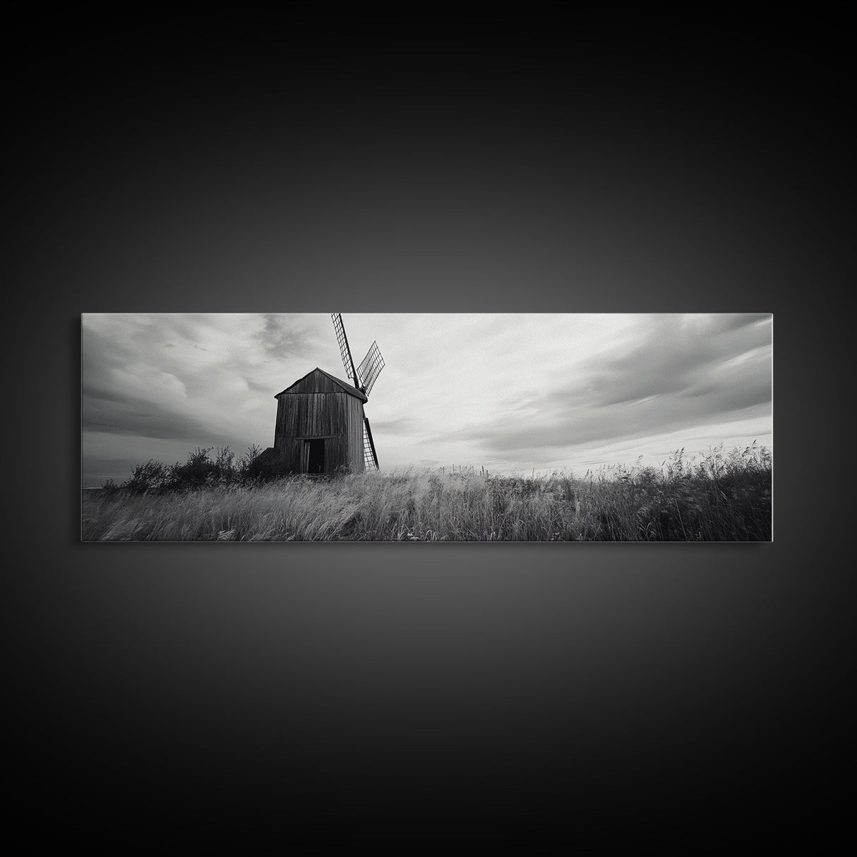 Rustic Windmill, panoramic art, farmhouse art, extra wide wall art, windmill wall art, landscape painting, framed canvas print