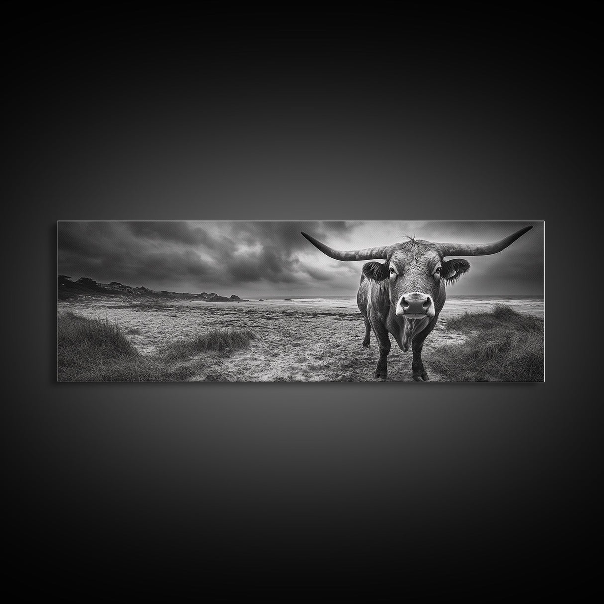 Bull on Beach, bull and bear art, moody art, coastal cowgirl wall art, dark romance painting, farmhouse art, framed canvas print