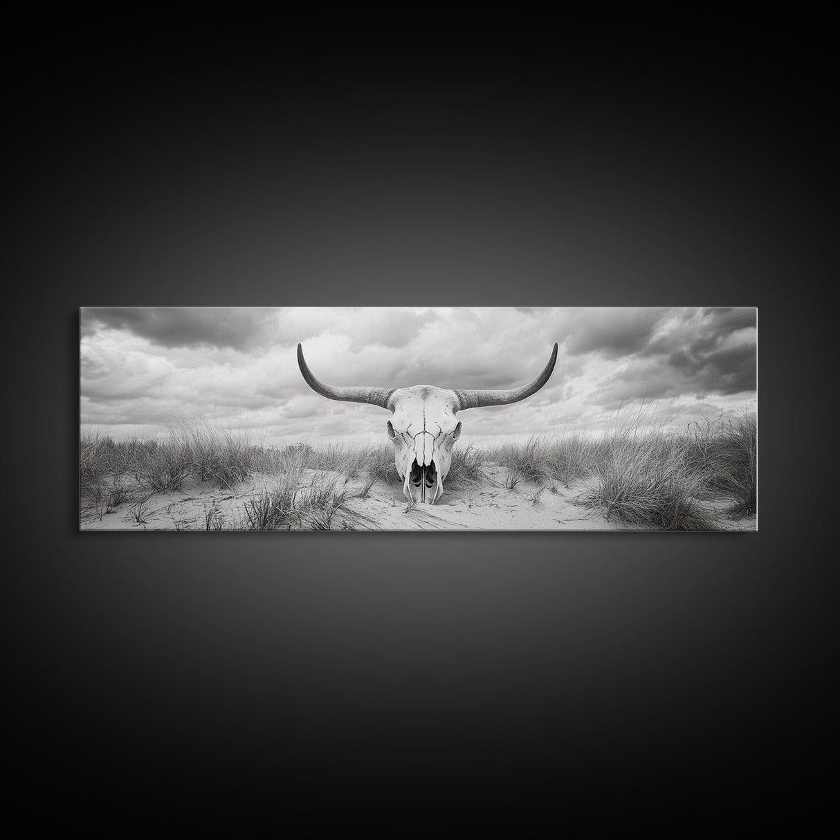 Longhorn Skull, skull art, western wall art, rustic decor, moody art, desert painting, farmhouse art, panoramic art, framed canvas print