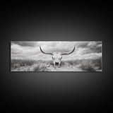 Longhorn Skull, skull art, western wall art, rustic decor, moody art, desert painting, farmhouse art, panoramic art, framed canvas print