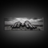 Leather Work Gloves, rustic wall art, moody art, wabi sabi art, extra wide art, panoramic art, farmhouse art, framed canvas print, cowboy art
