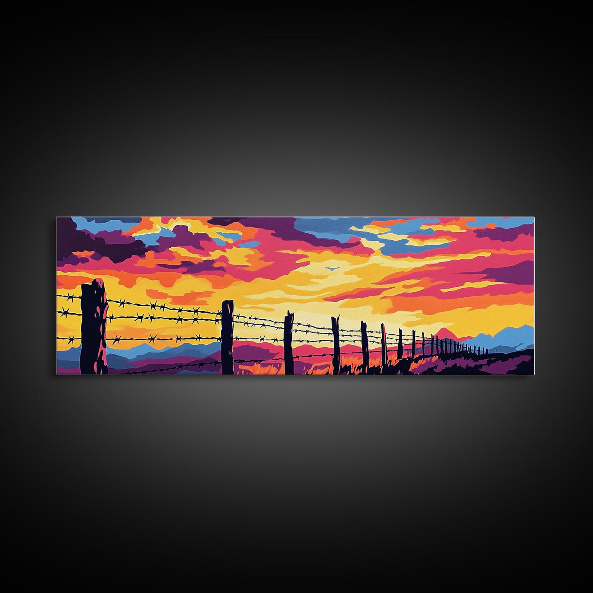 Barbed Wire Fence, southwest wall art, rustic decor, cowboy painting, panoramic art, long narrow wall art, framed canvas print, farmhouse art
