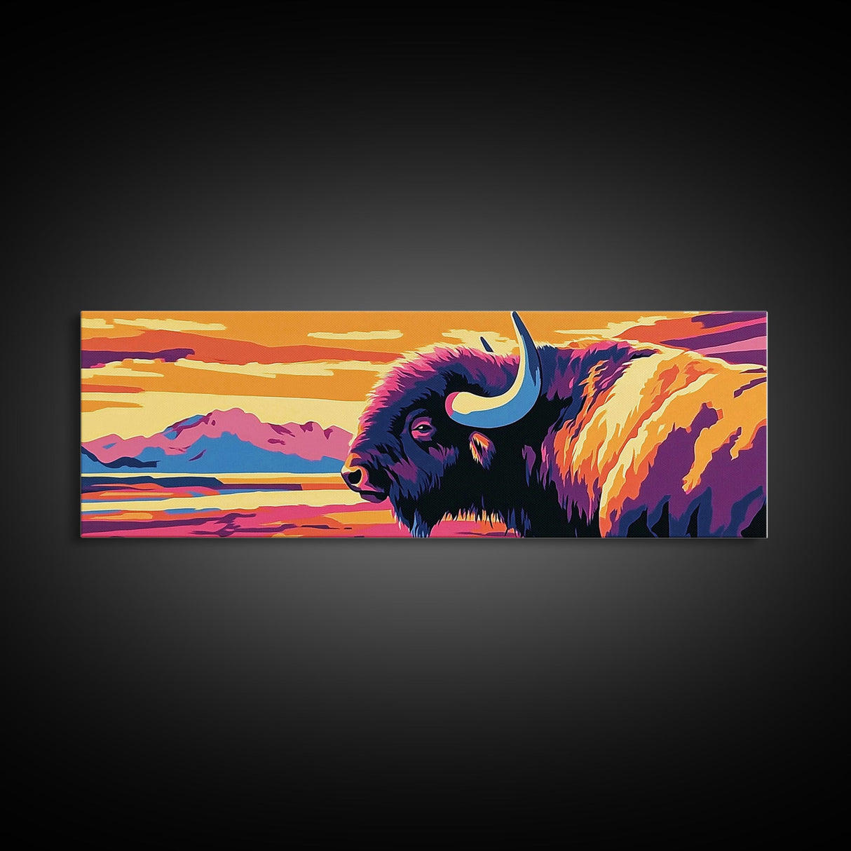 Abstract Buffalo, rustic wall art, southwestern painting, farmhouse decor, moody art, extra wide art, framed canvas print, above sofa art