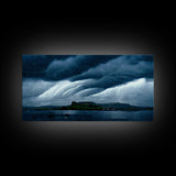 Rainstorm wall art, canvas print, ready to hang, fast moving storm over an island castle, cool wall art