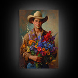 Handsome Cowboy with Wildflowers - Framed Canvas Print, Western Living Room Art, Rustic Bedroom Decor, Cowboy Art, Wall Art