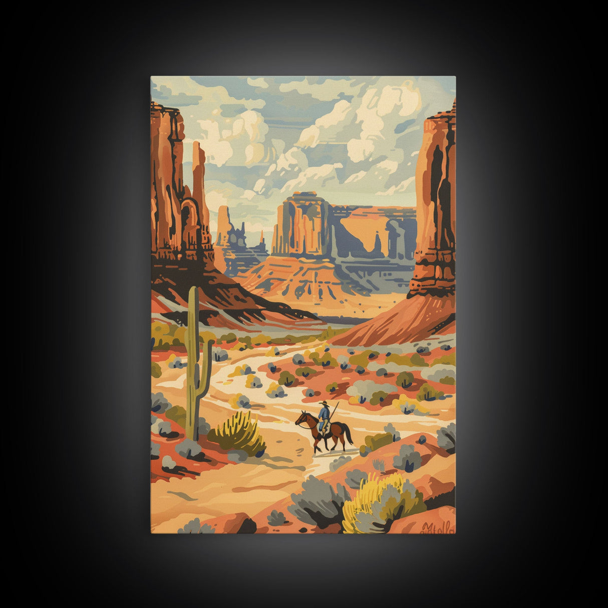 Cowboy in Southwestern Desert Landscape - Framed Canvas Print, Western Wall Art, Desert Scene Art, Cactus Decor for Living Room