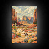 Cowboy in Southwestern Desert Landscape - Framed Canvas Print, Western Wall Art, Desert Scene Art, Cactus Decor for Living Room