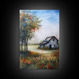 Idyllic Barn Scene with Rustic Charm - Framed Canvas Print, Country Living Room Decor, Farmhouse Wall Art, Barn Art Print for Bedroom
