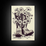 Cowboy Boots with Flowers Art Print, Western Silhouette Framed Canvas, Vintage Floral Boots Art, Unique Home Decor