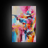Dynamic Cowboy with Gun - Framed Canvas Print, Action-Packed Western Art, Bold Cowboy Wall Art for Living Room Decor