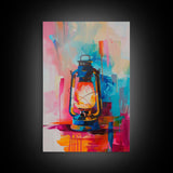 Brightly Painted Oil Lamp - Framed Canvas Print, Vibrant Western Art, Rustic Lamp Wall Art for Living Room Decor