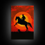 Cowboy on Horse with Dramatic Sunset Background | Framed Canvas Print | Western Silhouette Art | Sunset Cowboy Wall Art for Bedroom