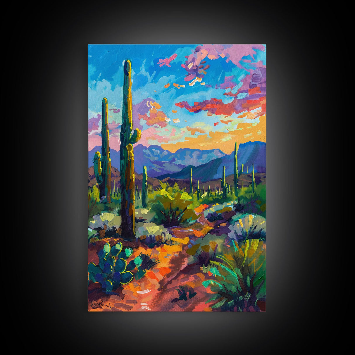 Framed Canvas Print, Cactus and Desert Path Wall Art, Vibrant Southwest Landscape for Living Room or Bedroom, Nature Art Poster Piece