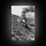 Train Journey Through the Desert Black and White Photography - Framed Canvas Print, Railroad Art, Rustic Train Wall Art Decor