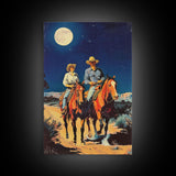 Western Cowboys Riding Horses Under Moonlight - Rustic Night Sky Wall Art, Cowboy Painting, Living Room Decor, Western Canvas