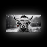 Highland Cow Wearing Santa Hat, Festive and Fun Framed Canvas Print for Holiday Wall Art, Living Room or Bedroom Decor
