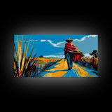 Cowboy Walking Down Desert Road, Perfect Minimalist Art, Framed Canvas Print, Boho Living Room Decor, Western Home Decoration