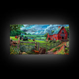 Green Tractor and Red Barn with Farm Animals, Vibrant Rural Art, Framed Canvas Print, Country Wall Decor, Living Room Decoration