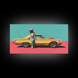 Bold Cowgirl Posing with Yellow Car, Pop Art Framed Canvas Print for Living Room, Ideal Bedroom Wall Art, Unique Home Decor