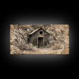 Old Wooden Shack in Rocky Terrain, Farmhouse Style Framed Canvas Print for Bedroom Art, Historical Home Decoration, Rustic Wall Art Piece
