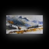 Majestic Elk in Snowy Mountain Scene, Beautiful Framed Canvas Print,for Living Room Art Rustic Bedroom Decor Nature Wall Art, Wildlife Scene