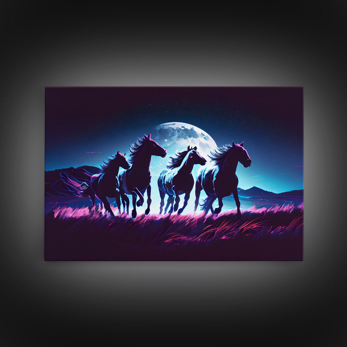 Wild horses running in the moonlight, vaporwave art, framed canvas print