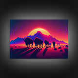 Synthwave American Buffalo, Retrowave art, herd of Bison and a setting sun, framed canvas print