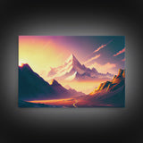 Watercolor mountain at sunset, pastel, subdued colors, framed canvas print