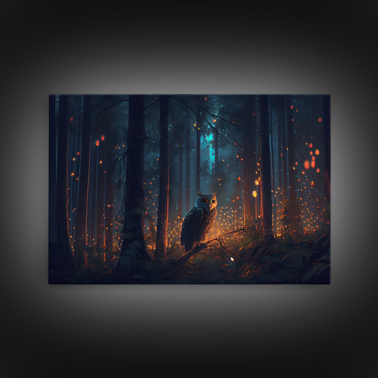 Fantasy forest art, Fireflies and the owl at midnight, framed canvas art, framed canvas print