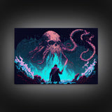 Warrior Vs Cthulhu, RPG concept pixel art, framed canvas print, outrun video game art