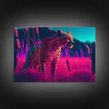 Cheetah on the hunt, vaporwave art, sunset hunter, framed canvas print, framed wall art