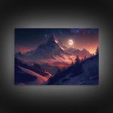Mt. Everest Art, full moon over a mountain landscape, watercolor, framed canvas print, unique wall art