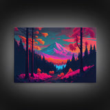 Synthwave style watercolor painting of a mountain and forest, framed canvas print, colorful wall art
