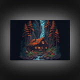 Secluded log cabin in the woods with a waterfall behind it, 8 bit pixel art, framed canvas print