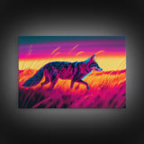 Cute fox in the tall grass, animal print, vaporwave framed canvas print, retrowave animal art