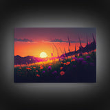 Watercolor of a beautiful sunset over a vibrant field of flowers, framed canvas print, framed art
