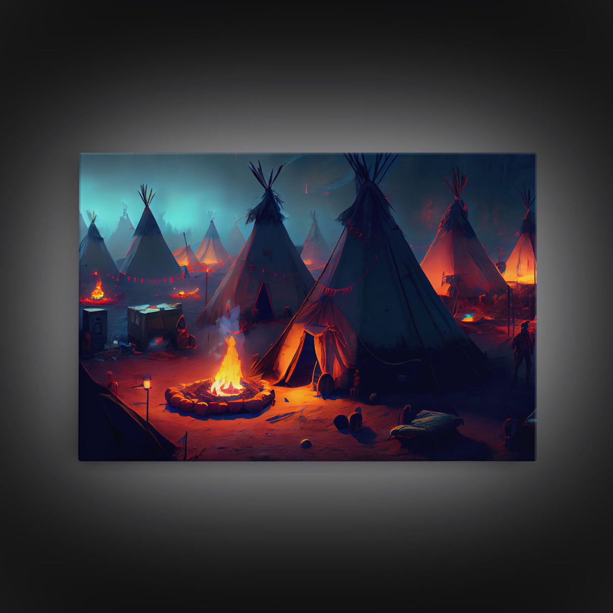 Native American Tipis, Framed Canvas Print, wild west style art, Watercolor western decor, farmhouse art