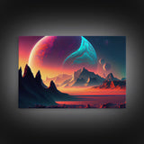 3 Moon Fantasy World, Retro Style Sci-Fi Art, Framed Canvas Print, Futuristic Art, Fantasy Decor
