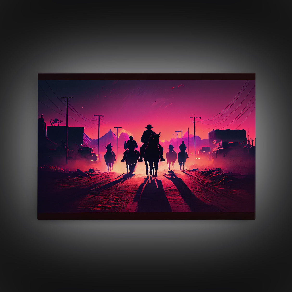 Retro Synthwave Style Post-Apocalyptic Cowboys, framed canvas print, retro outrun style wild west art