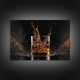 Whiskey Wall Décor, Ice falling into a glass of whiskey, modern / contemporary bar wall art, framed canvas print