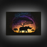 Rhino Silhouette against a starry night sky, wildlife art, animal prints, framed canvas print