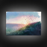 Serene Sunset, Watercolor Landscape Art, Framed Canvas Print, colorful wall art, above couch living room art