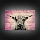 Pink Rustic Cattle Art, Framed Canvas Print, Framed Wall Art, Primitive Rustic Minimalist Farmhouse Decor, Highland Cattle Distressed Art