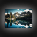 Reflections on a winter lake, watercolor landscape art, framed canvas print, pine tree winter forest