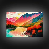Watercolor Landscape, Rainbow Landscape Art, Framed Canvas Print, Unique Primitive Style Landscape Decor