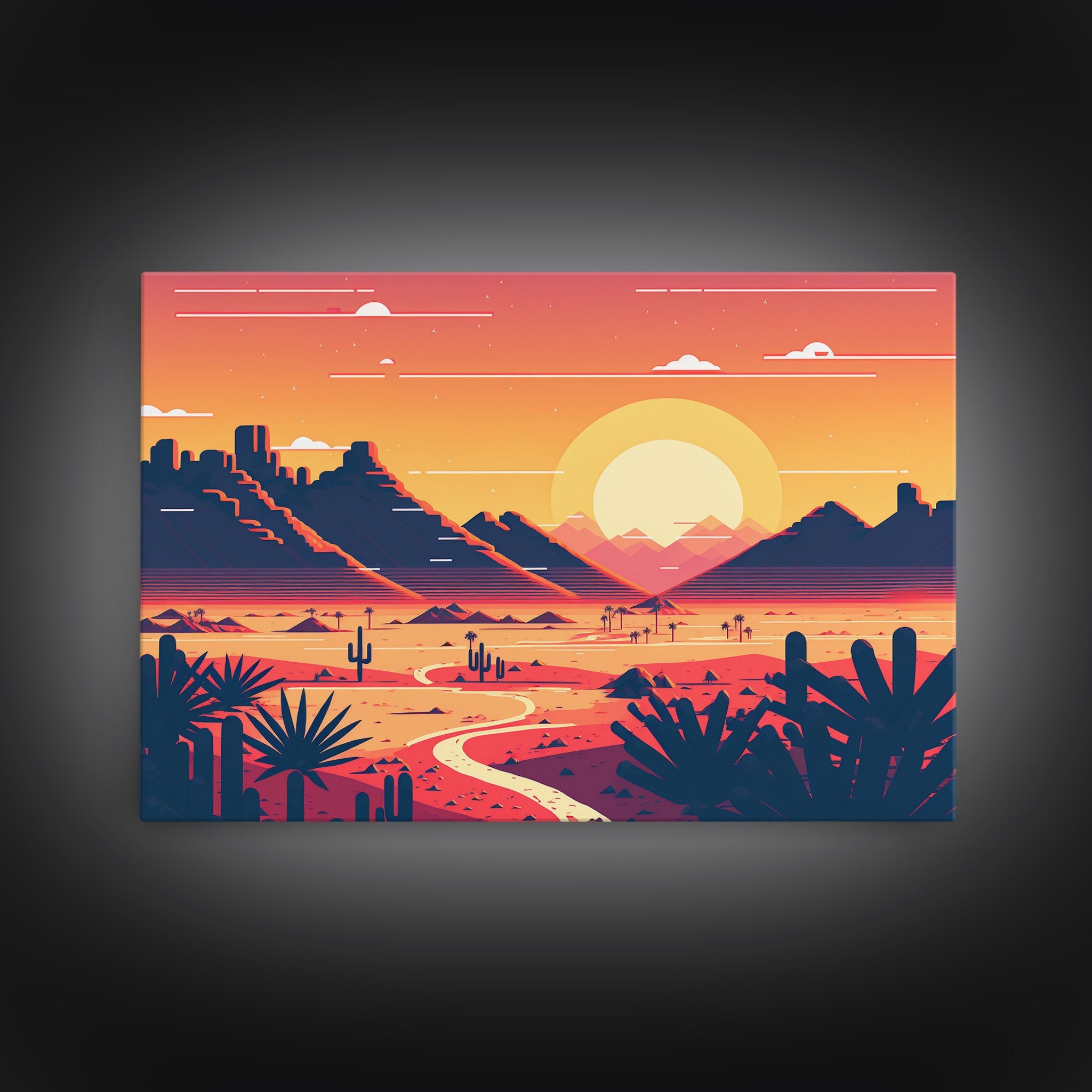 Art Deco Style Desert Landscape Art, Framed Canvas Print, Unique