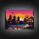 Beautiful Portland, Oregon Retro Synthwave Style Sunset Art, Framed Canvas Print, Pacific Northwest City Art