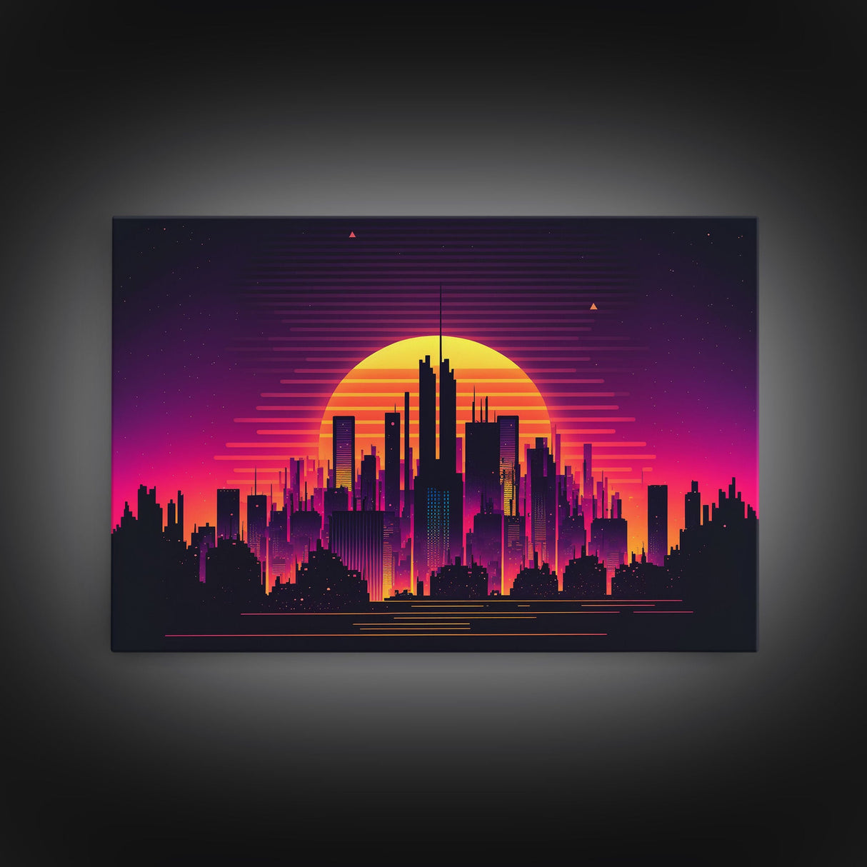 Outrun Style Futuristic Cyberpunk City Skyline at Sunset, Concept art, framed canvas print, dystopian art