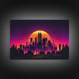 Outrun Style Futuristic Cyberpunk City Skyline at Sunset, Concept art, framed canvas print, dystopian art