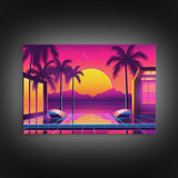 Sunset Penthouse Wall Art, Framed Canvas Print, Pop Art Style, Synthwave Style, Living room art, Colorful painting, Pink colors, Hot sunset